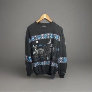 Vtg AU Sportswear Wildlife Landscape  Bear and Moose Sweatshirt Size L 80s black